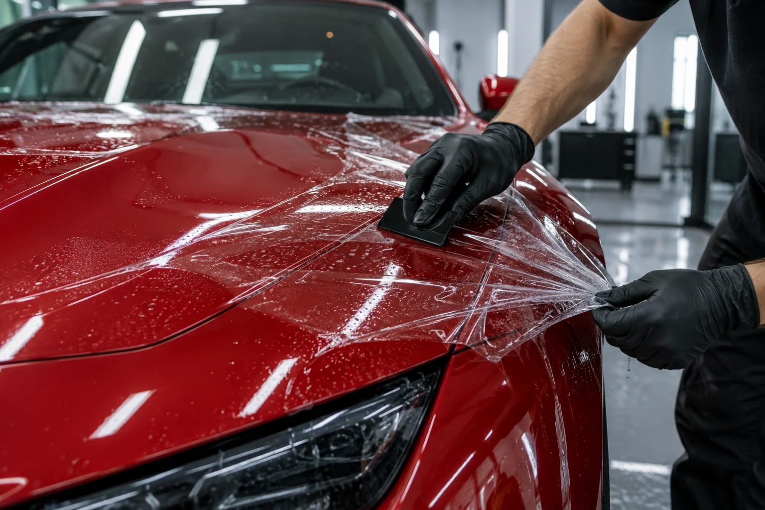Technician applying transparent protective film to a red vehicle