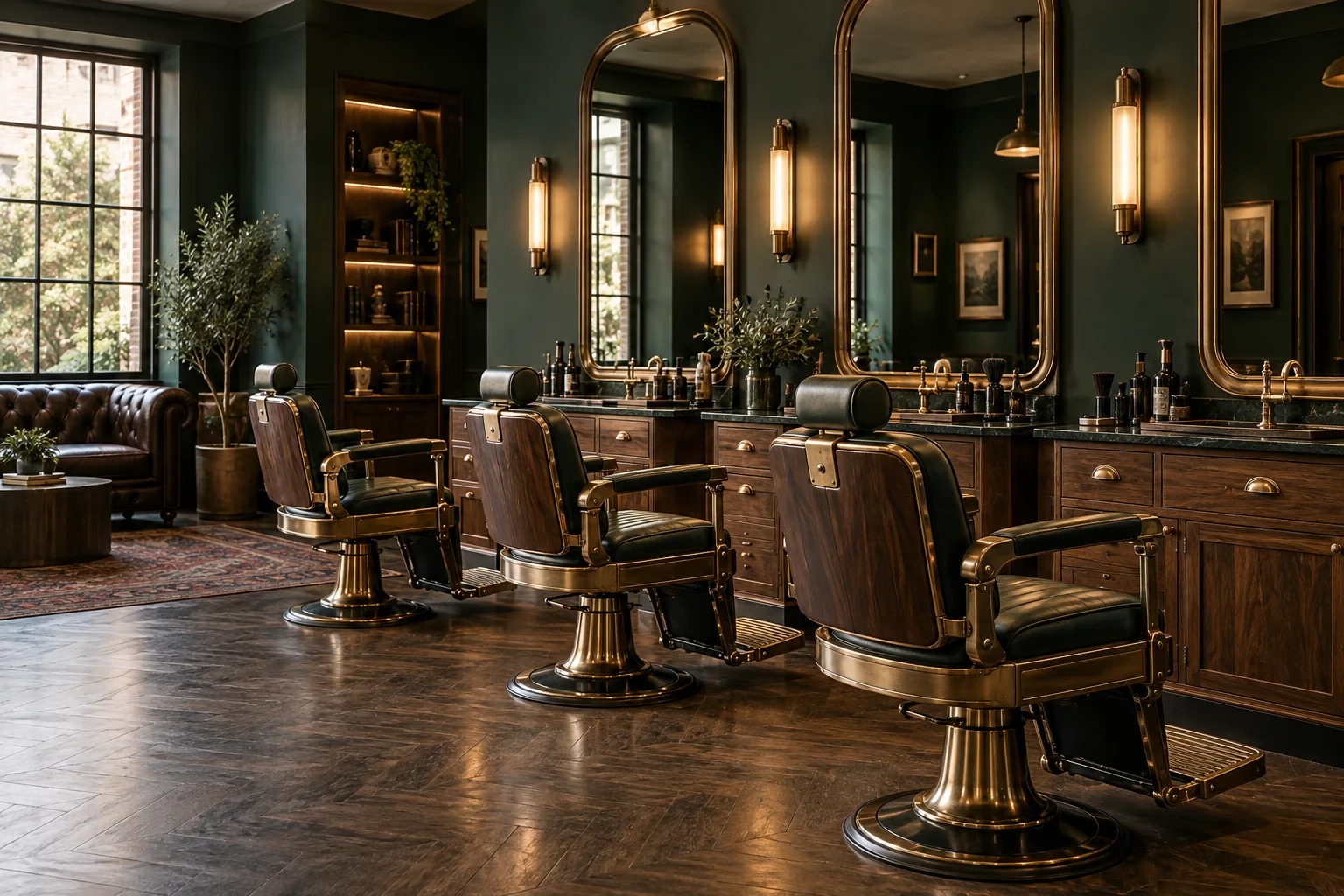 Ahşap ve koyu yeşil detaylarıyla berber salonu